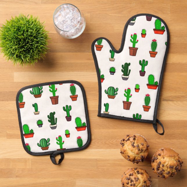 Cute Cactus illustrations Pattern White Oven Mitt & Pot Holder Set (Top Down)