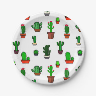 Cute Cactus illustrations Pattern White Paper Plate