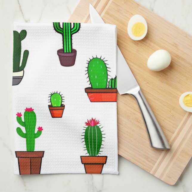 Cute Cactus illustrations Pattern White Tea Towel (Quarter Fold)