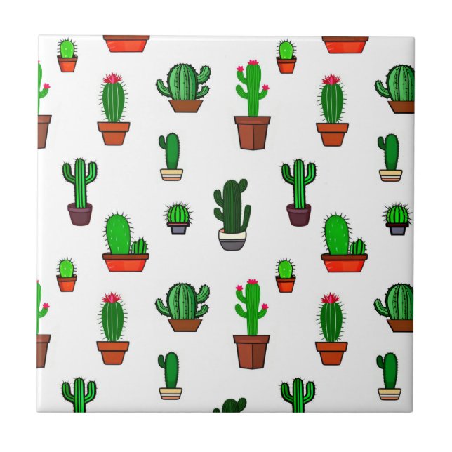 Cute Cactus illustrations Pattern White Tile (Front)