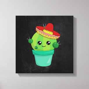 Cute Cactus in a Sombrero on Black Chalkboard Canvas Print