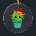 Cute Cactus in a Sombrero on Black Chalkboard Ceramic Tree Decoration<br><div class="desc">An ornament with a cute illustration of a cactus,  with big kawaii eyes,  wearing a red sombrero. The background is a chalkboard image</div>