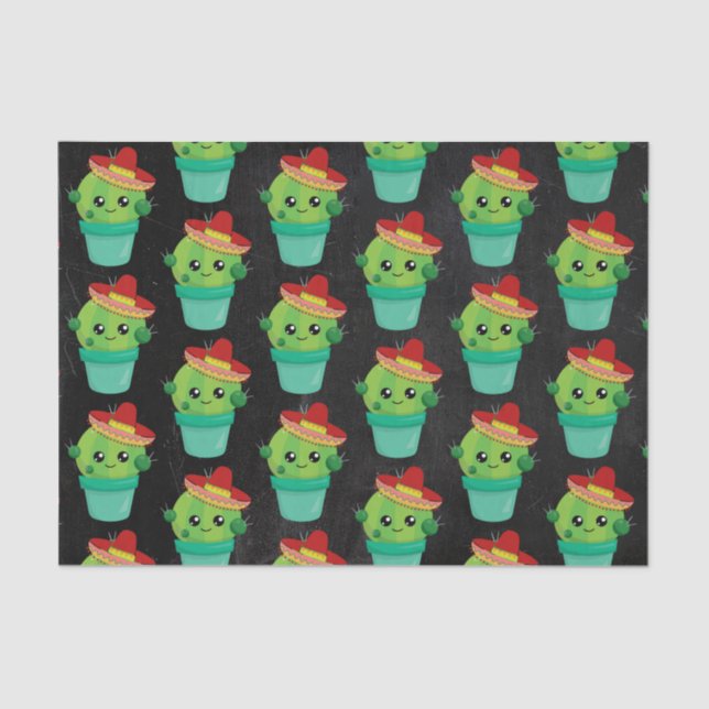 Cute Cactus in a Sombrero on Black Chalkboard Tissue Paper (Front)