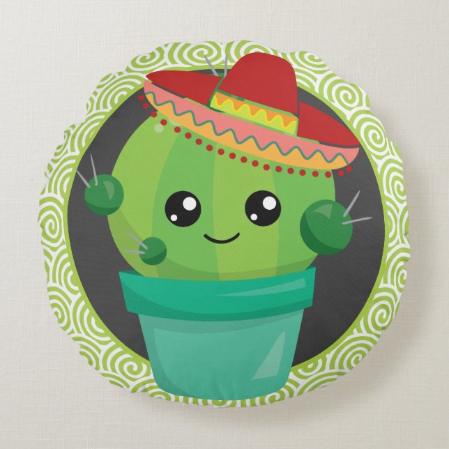 Cute Cactus in a Sombrero Round Cushion (Front)
