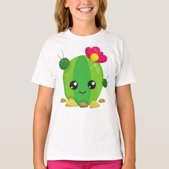 Cute Cactus, Kawaii Cactus, Green Cactus, Flowers T-Shirt (Front)