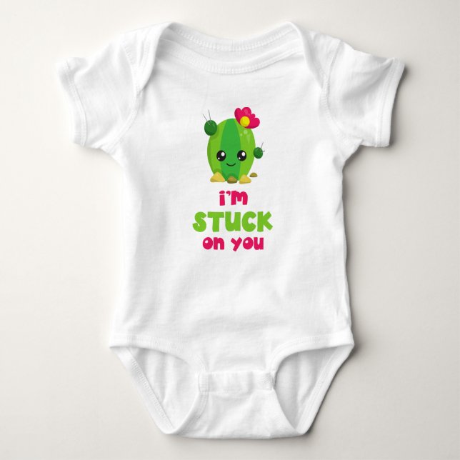 Cute Cactus, Kawaii Cactus, I'm Stuck On You Baby Bodysuit (Front)