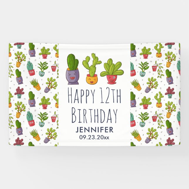 Cute Cactus Nature Succulents Pattern Birthday Banner (Horizontal)