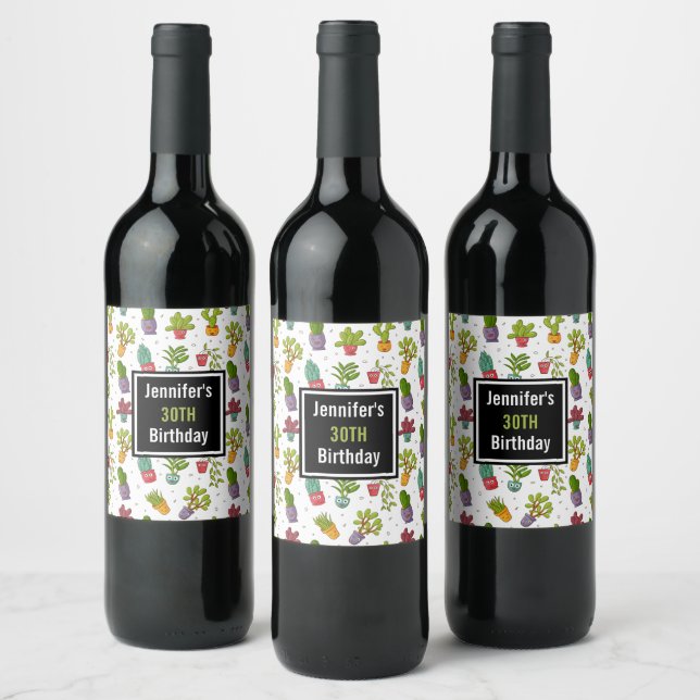 Cute Cactus Nature Succulents Pattern Birthday Wine Label (Bottles)