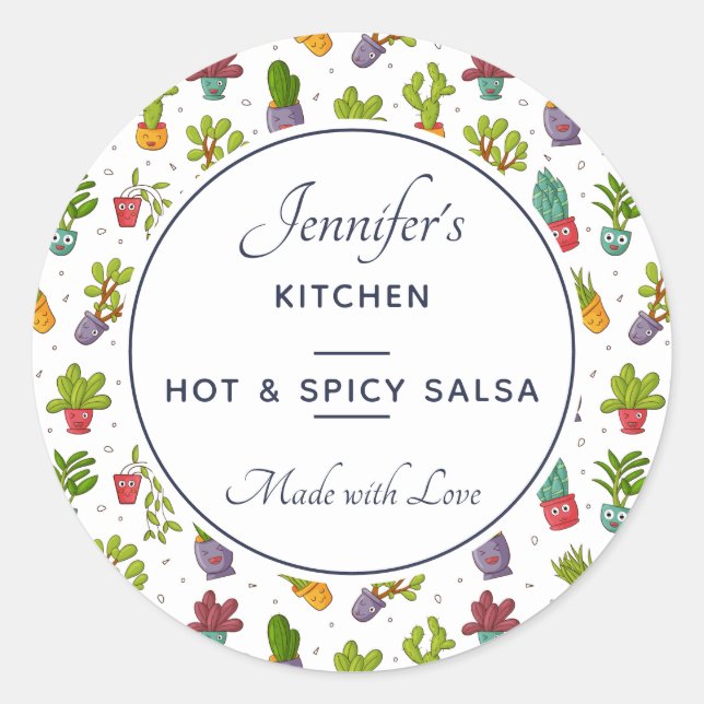 Cute Cactus Nature Succulents Pattern Kitchen Classic Round Sticker (Front)