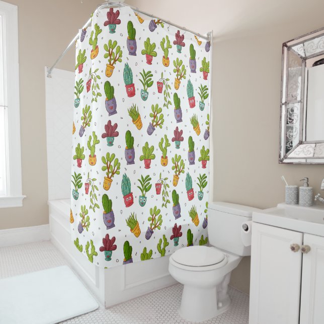 Cute Cactus Nature Succulents Pattern Shower Curtain (In Situ)