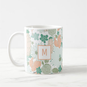 Cute Cactus Pattern Coral Mint Monogram Coffee Mug