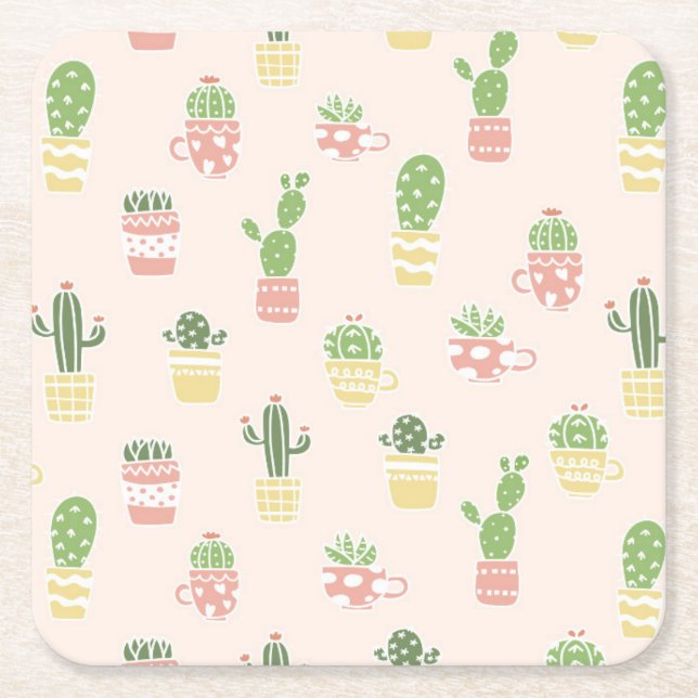 Cute Cactus Pattern Square Paper Coaster (Front)