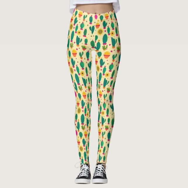Cute Cactus Pattern Yellow Kawaii Fabric Print Leggings (Front)