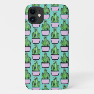 Cute Cactus Pink Pot Pattern on Marine Blue Case-Mate iPhone Case