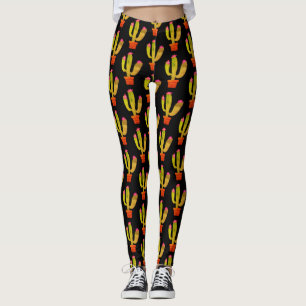 Cute cactus plant in pot drawing all over print leggings