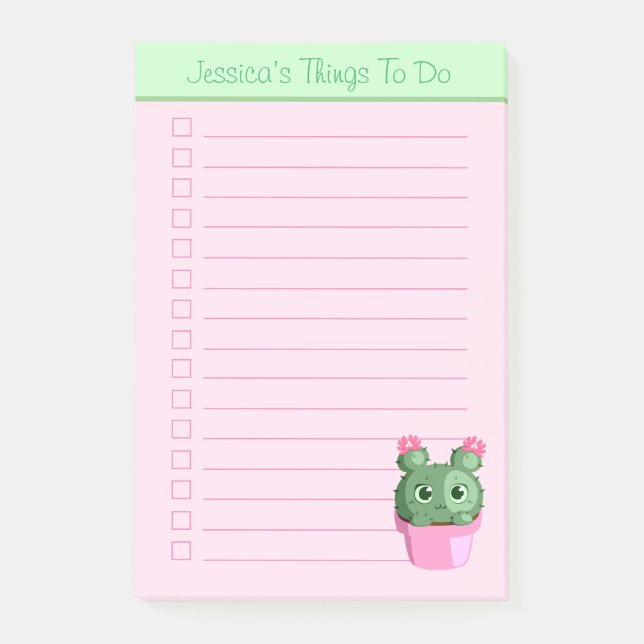 Cute Cactus Plant Personalised Lined Things To Do Post-it Notes (Front)