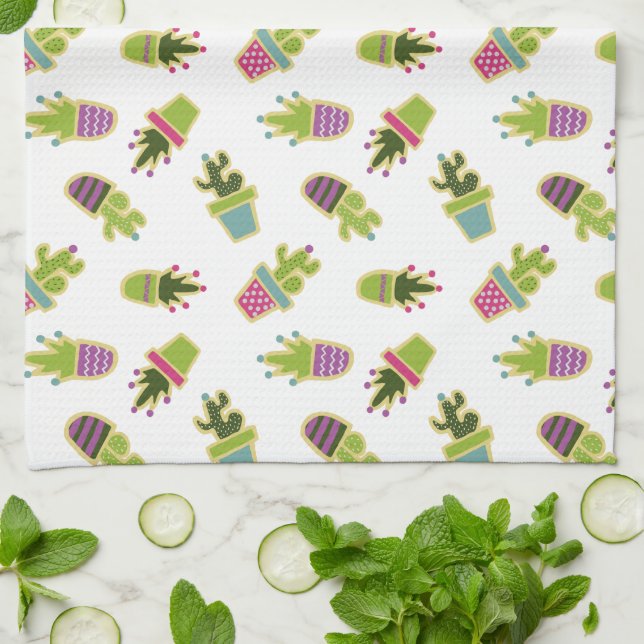 Cute cactus pots with custom background colour tea towel (Folded)