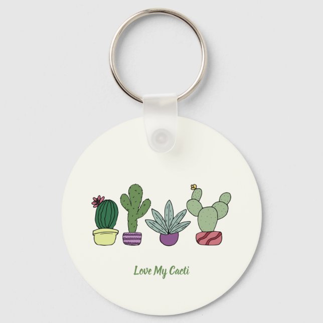 Cute Cactus Potted Plants Love My Cacti Key Ring (Front)