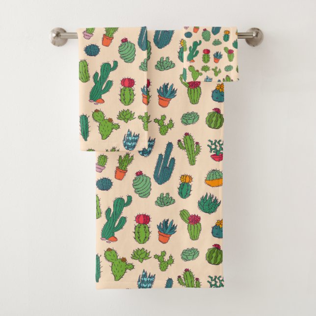 Cute Cactus Standing Pattern Bath Towel Set (Insitu)