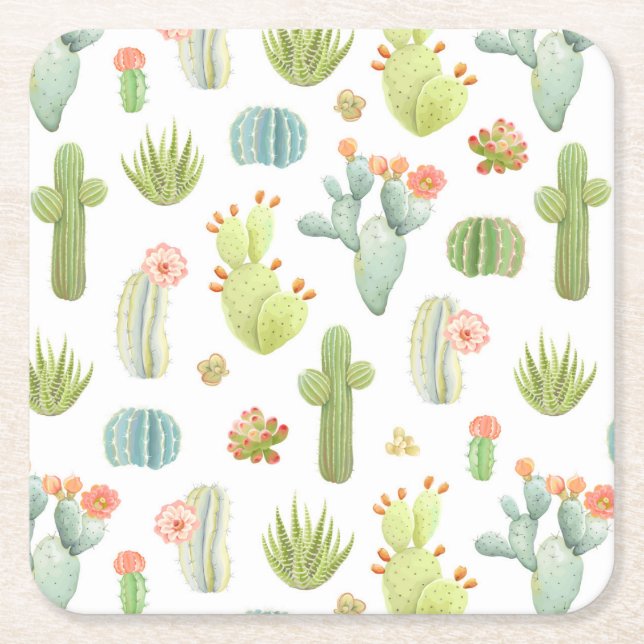 Cute Cactus Standing Pattern Square Paper Coaster (Front)