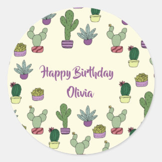 Cute Cactus Succulent Potted Plants Happy Birthday Classic Round Sticker