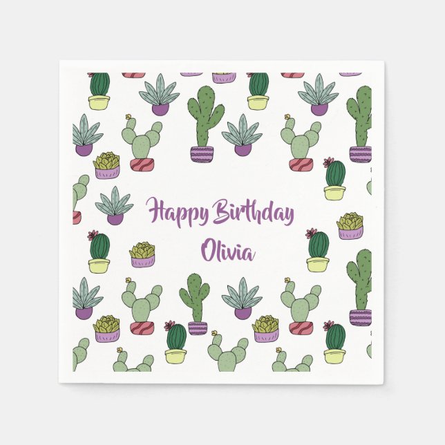 Cute Cactus Succulent Potted Plants Happy Birthday Napkin (Front)