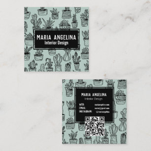 Cute Cactus Succulents Boho Doodle QR Code CUSTOM Square Business Card