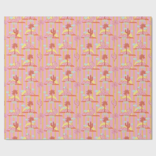 Cute Cactus, Sunny Yellow Stripes & Clouds  Wrapping Paper (Flat)