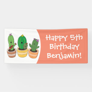 Cute cactus trio singing cartoon illustration banner