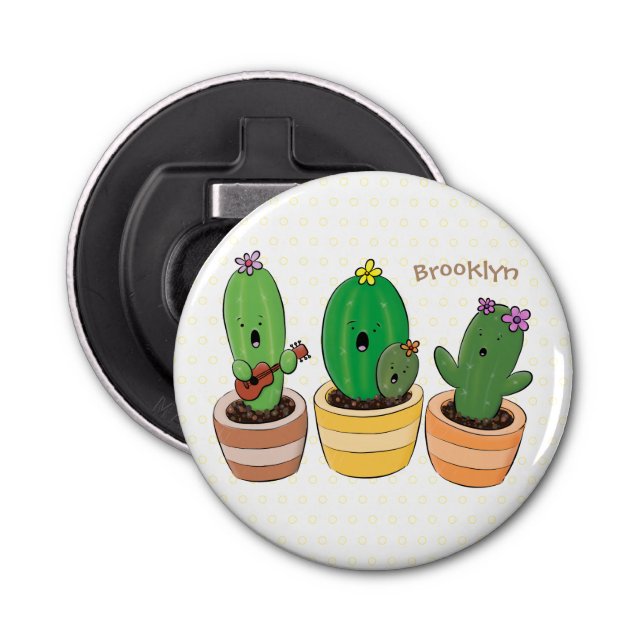 Cute cactus trio singing cartoon illustration bottle opener (Front)