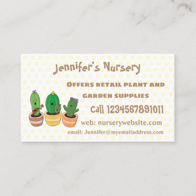 Cute cactus trio singing cartoon illustration business card (Front)