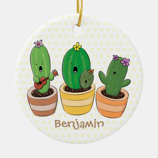 Cute cactus trio singing cartoon illustration ceramic tree decoration (Front)