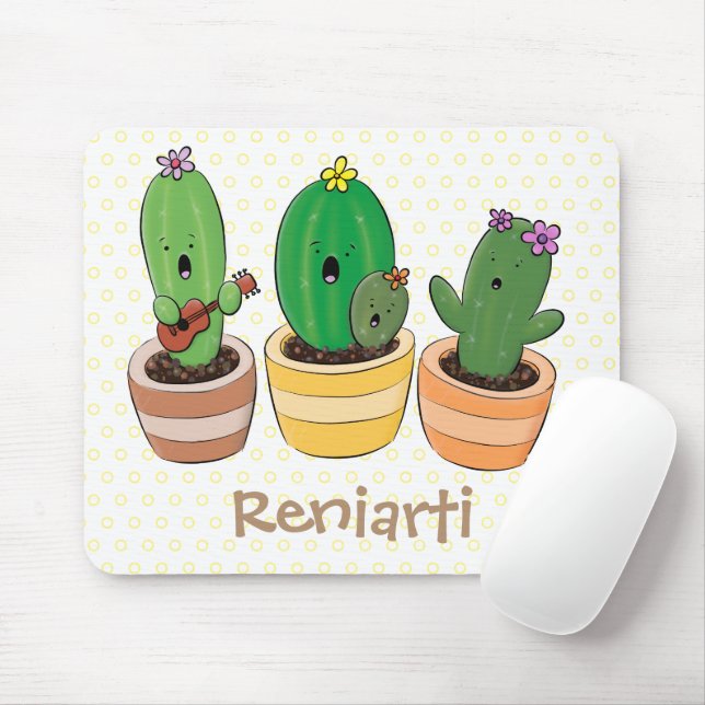 Cute cactus trio singing cartoon illustration mouse pad (With Mouse)