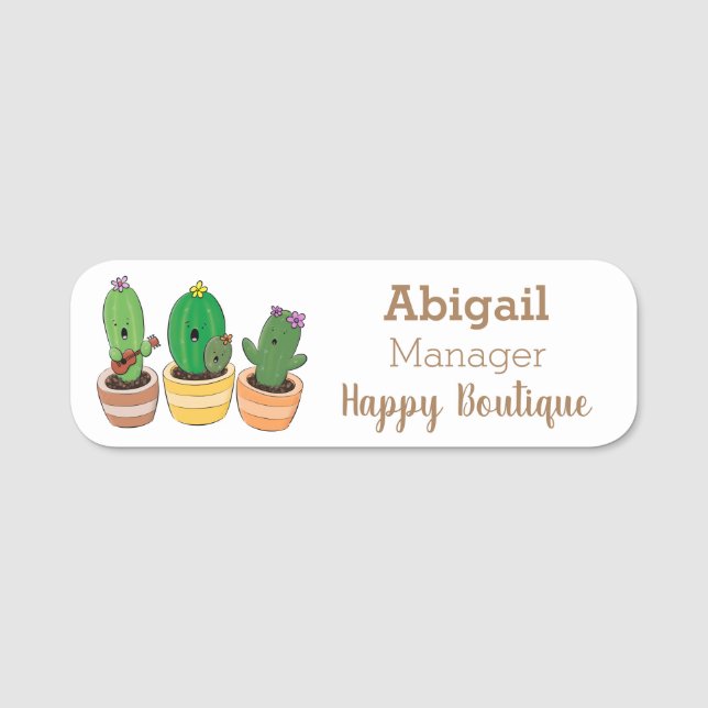 Cute cactus trio singing cartoon illustration  name tag (Front)