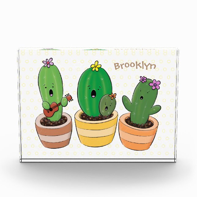 Cute cactus trio singing cartoon illustration photo block (Front)