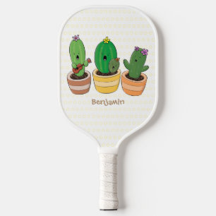 Cute cactus trio singing cartoon illustration pickleball paddle