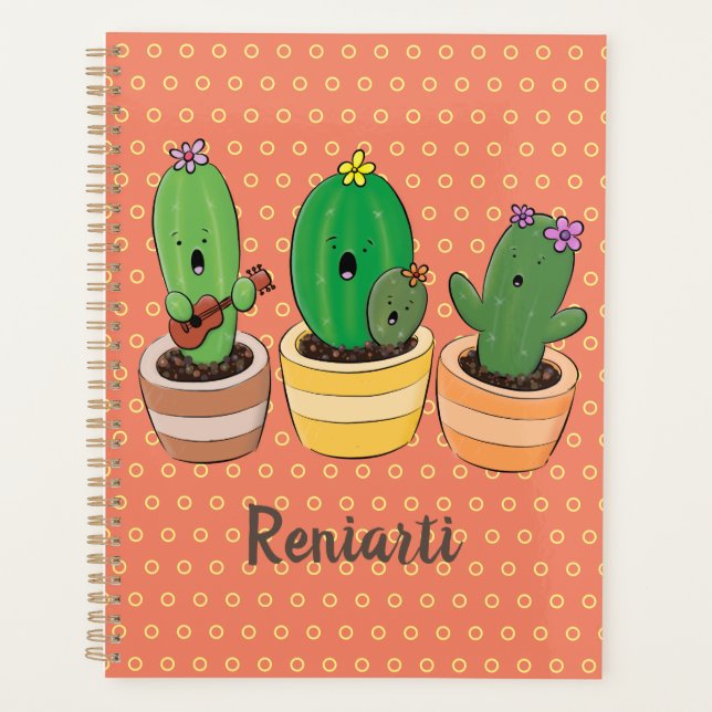 Cute cactus trio singing cartoon illustration planner (Front)