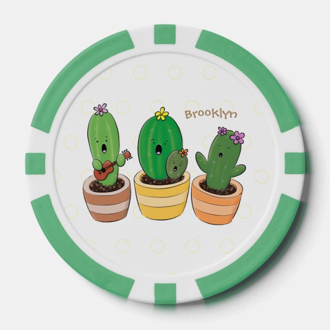 Cute cactus trio singing cartoon illustration poker chips (Front)
