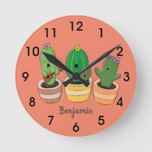 Cute cactus trio singing cartoon illustration round clock