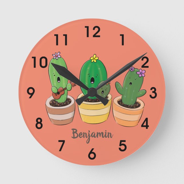 Cute cactus trio singing cartoon illustration round clock (Front)