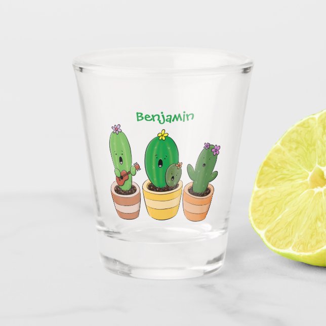 Cute cactus trio singing cartoon illustration shot glass (Front)