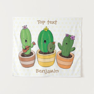 Cute cactus trio singing cartoon illustration  tapestry