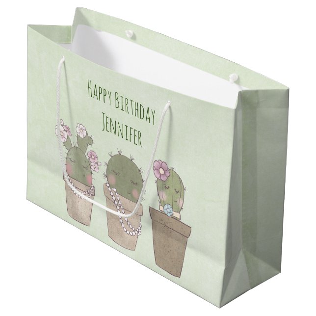 Cute Cactus Trio Wearing Jewellery Birthday Large Gift Bag (Front Angled)