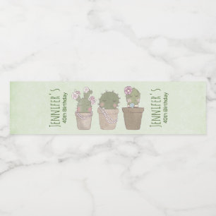Cute Cactus Trio Wearing Jewellery Birthday Water Bottle Label