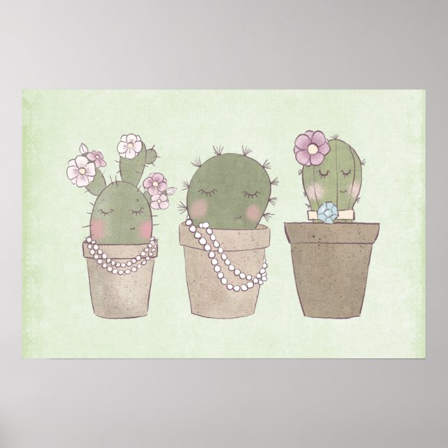 Cute Cactus Trio Wearing Jewellery Poster (Front)