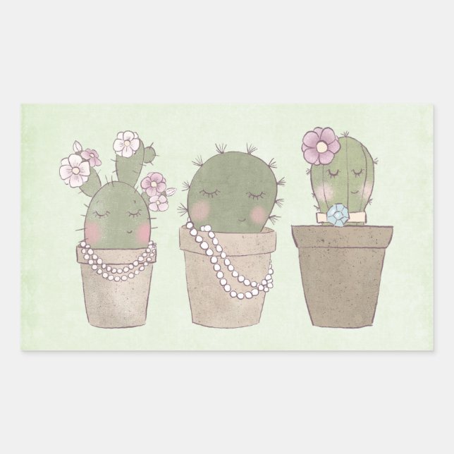 Cute Cactus Trio Wearing Jewellery Rectangular Sticker (Front)