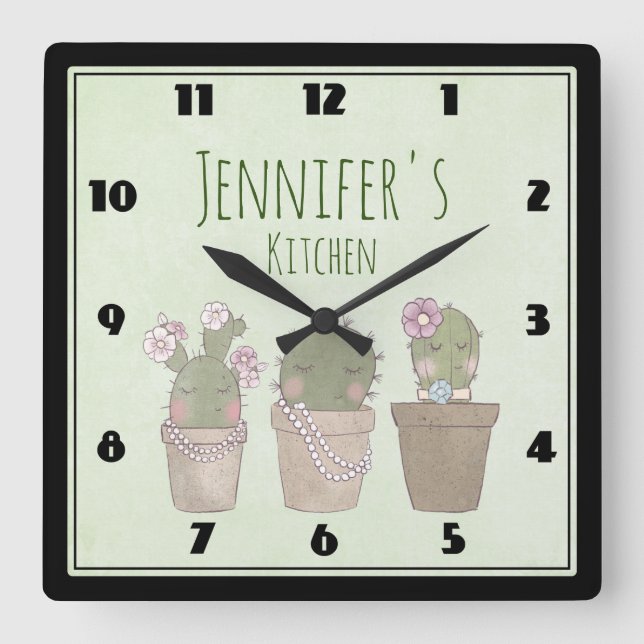 Cute Cactus Trio Wearing Jewellery Square Wall Clock (Front)