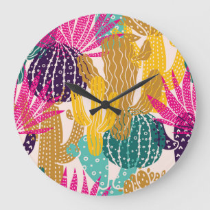 Cute Cactus Vintage Seamless Illustration. Large Clock