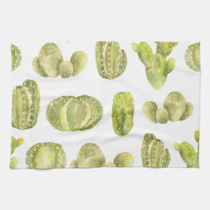 Cute Cactus, Watercolor Seamless Decor. Tea Towel