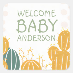 Cute Cactus Welcome Baby Name Baby Shower Square Sticker